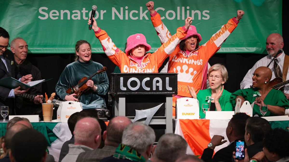 Featured image for "Massachusetts Officials Sport Dunkin' Tracksuits and DunQueens at St. Patrick's Day Breakfast"