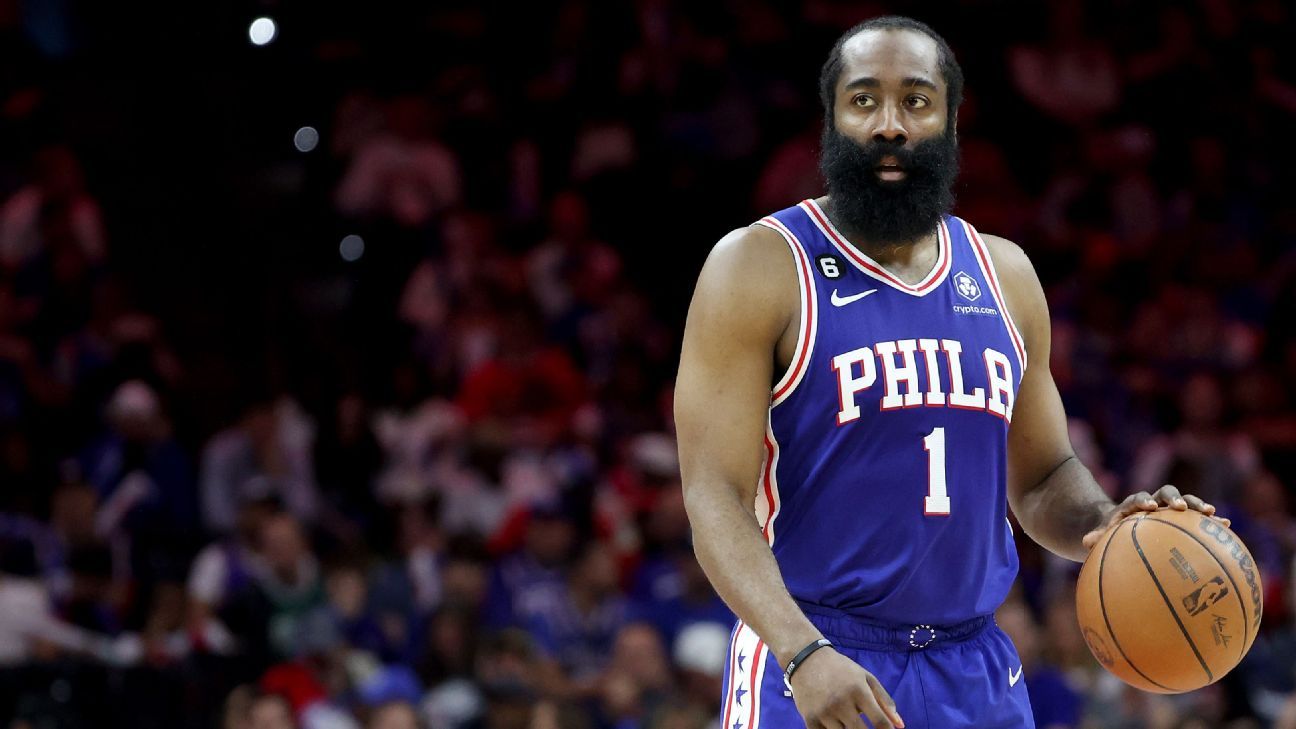 Featured image for "James Harden joins Sixers for practice as Joel Embiid's playing status remains uncertain"