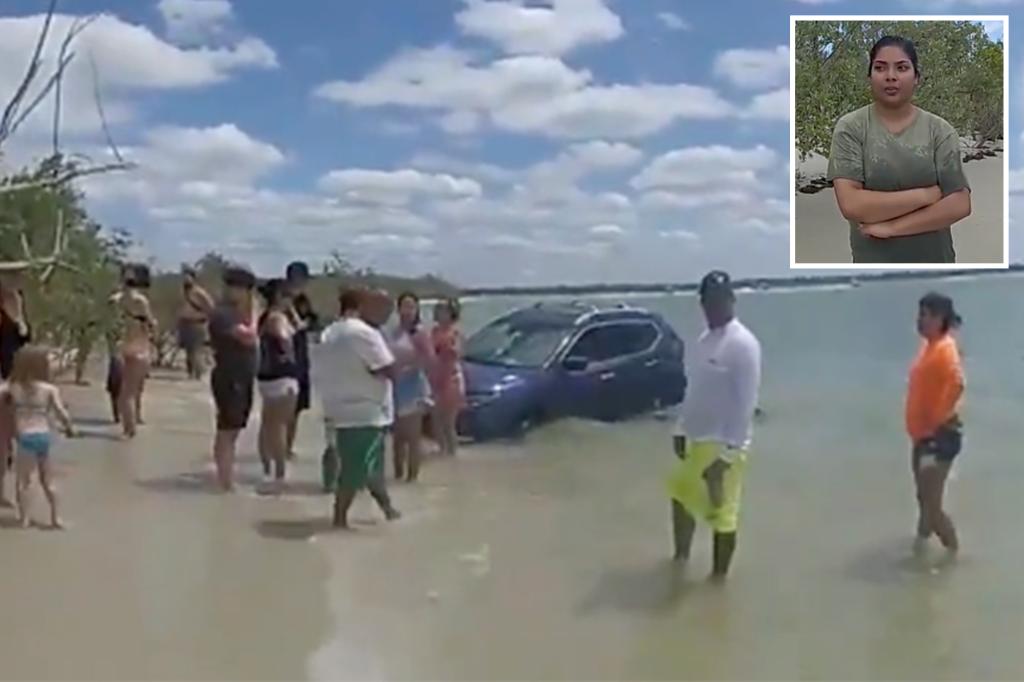 Drunk driver narrowly avoids families on Florida beach, crashes into water.