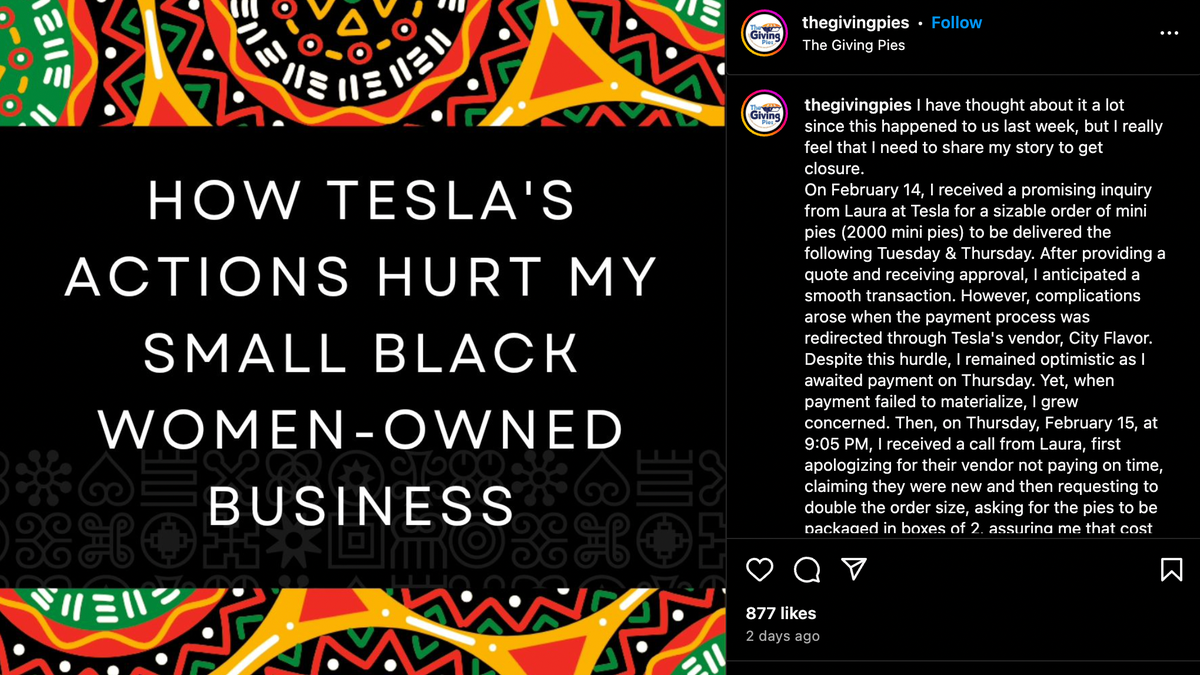 Featured image for "Tesla's $16,000 Pie Order Blunder Leaves Black-Owned Bakery in the Lurch"