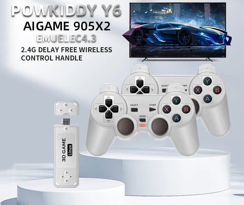 Featured image for Powkiddy's Affordable Retro Gaming TV Solutions: Y6 GameStick and 4K HDMI Dongle.