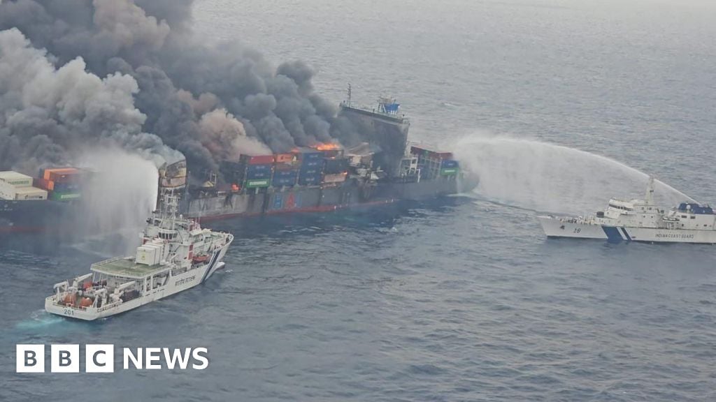 Featured image for Fire Erupts on Singapore Cargo Ship Off Kerala Coast, Crew Missing and Rescue Underway