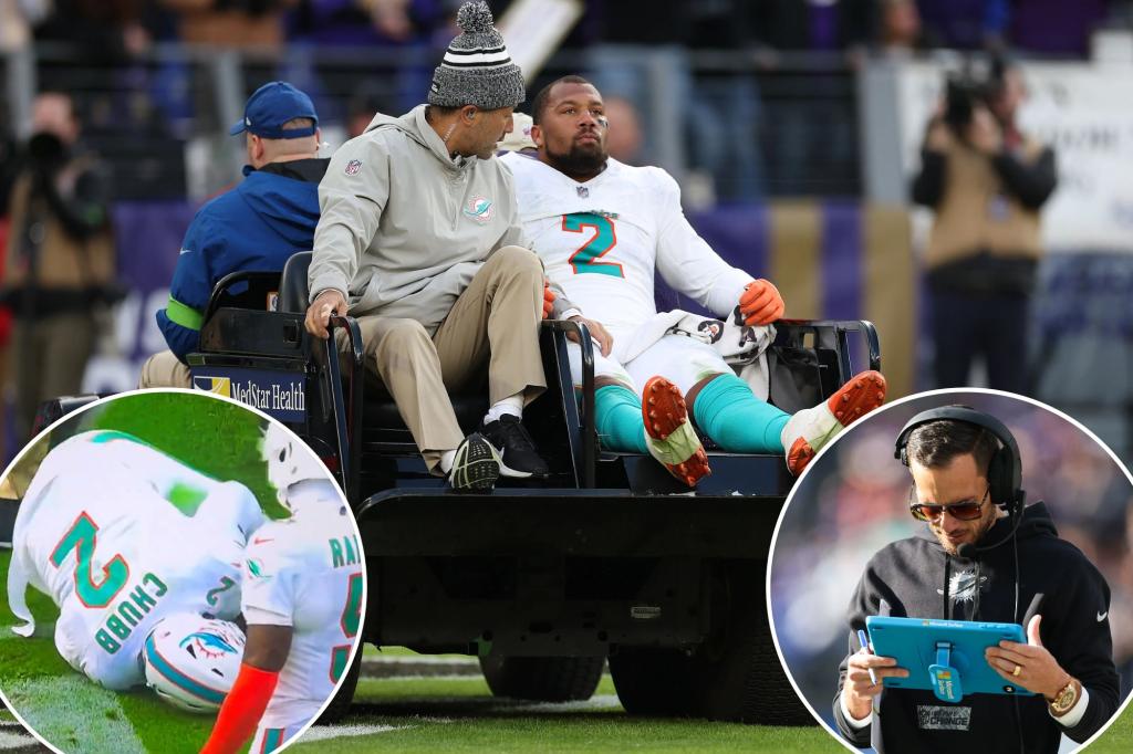 Featured image for "Dolphins' Bradley Chubb Suspected of ACL Tear in Late-Game Injury Mayhem"