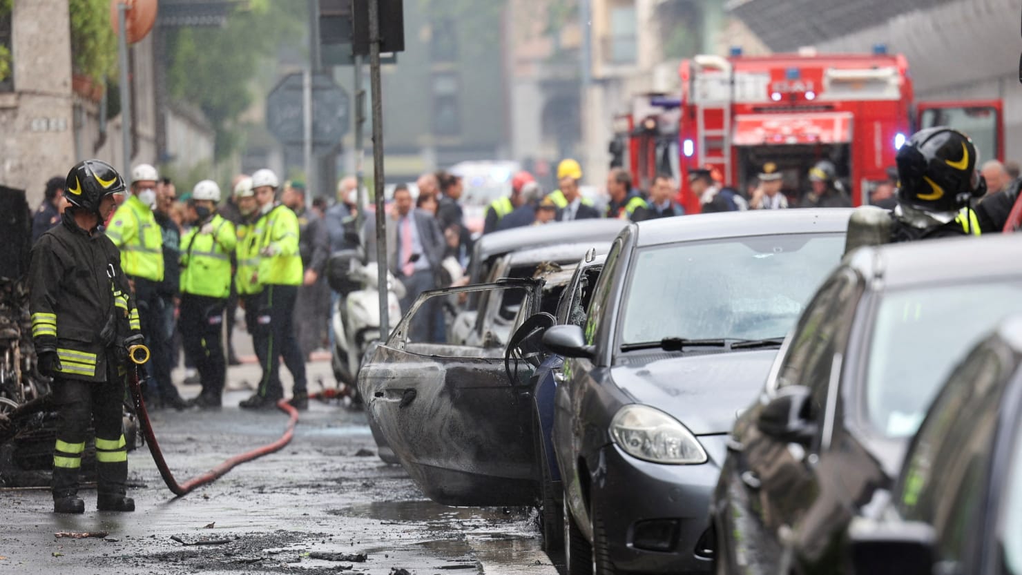 Van carrying oxygen tanks causes explosion in central Milan.