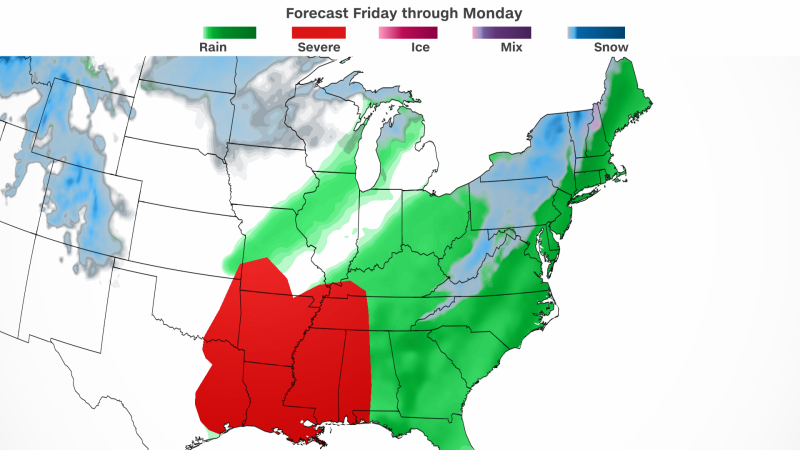 "Powerful Weekend Storm Targets Eastern US with Rain, Snow, and Severe Weather"