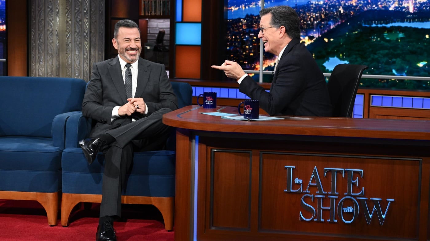 Featured image for Kimmel and Colbert Team Up for Cross-Show Appearances and Trump Jabs