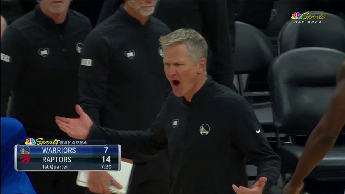 Featured image for "Kerr's Timeout Tantrum: Coach Shoots Ball in Frustration Against Raptors"