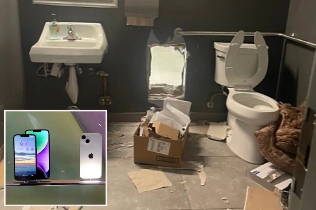 Burglars steal $500K in items from Apple Store by cutting through bathroom wall.