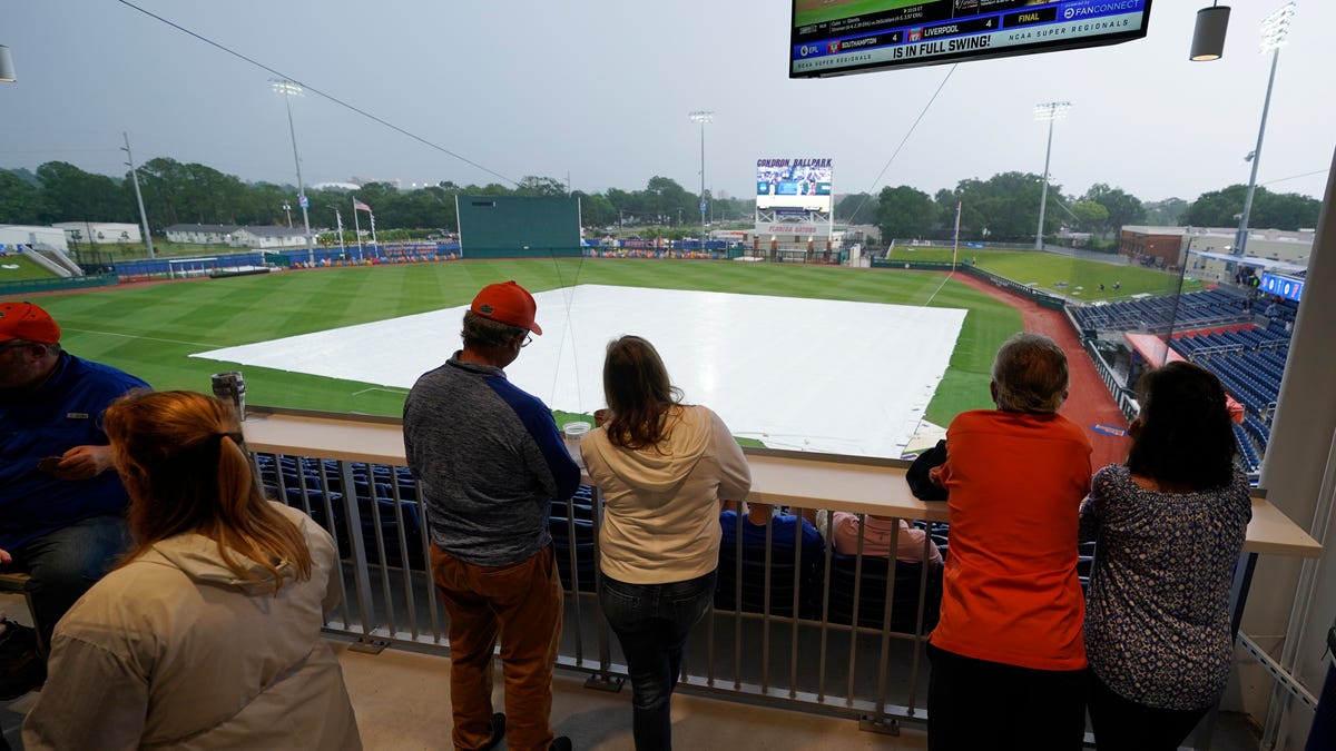 Weather delay causes delay in South Carolina vs Florida baseball game.