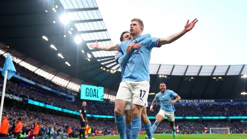 Featured image for De Bruyne leads Manchester City to crucial win over Arsenal in Premier League race.