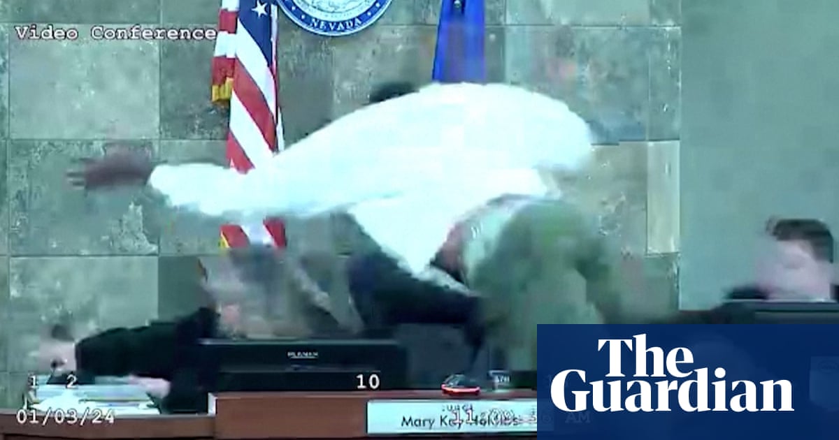 Featured image for "Video Captures Man's Aerial Assault on Las Vegas Judge in Courtroom Outburst"