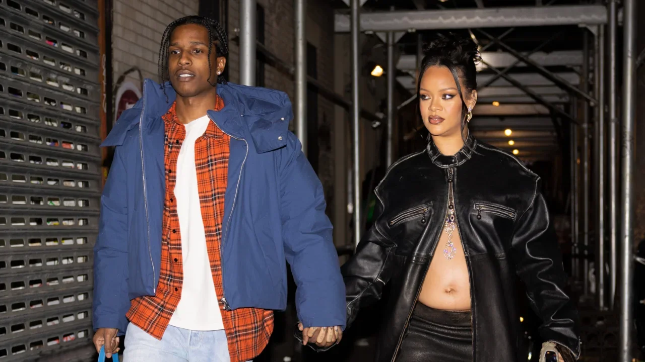 Rihanna flaunts baby bump in leather outfit for NYC date night with A$AP Rocky.