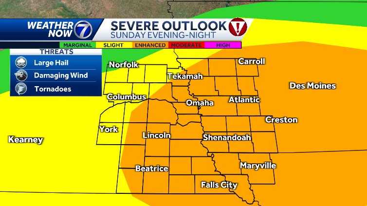 Severe thunderstorm threat looms over Nebraska and Iowa.