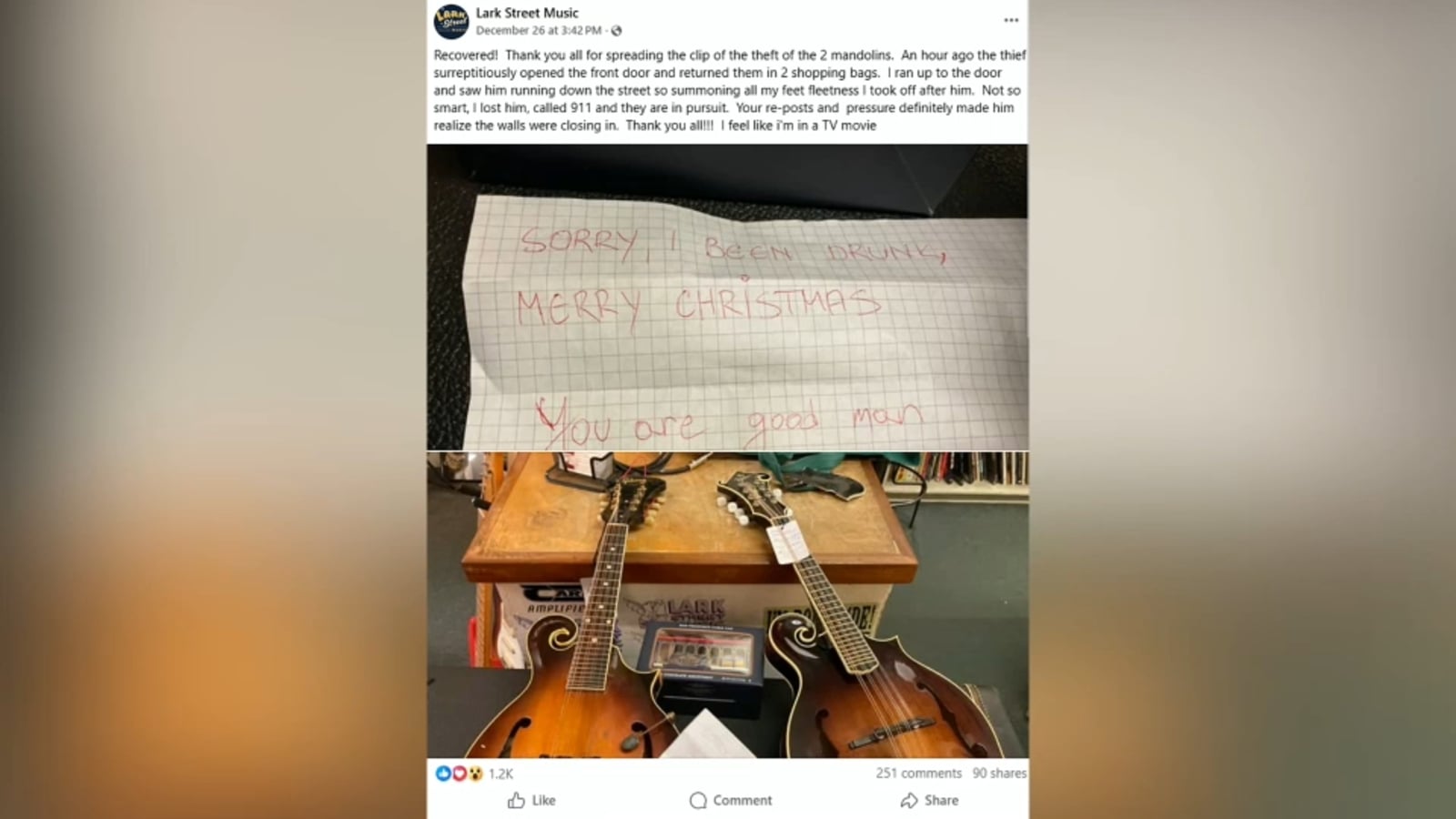 Featured image for Drunk Thief Returns Mandolins to New Jersey Music Store with Apology