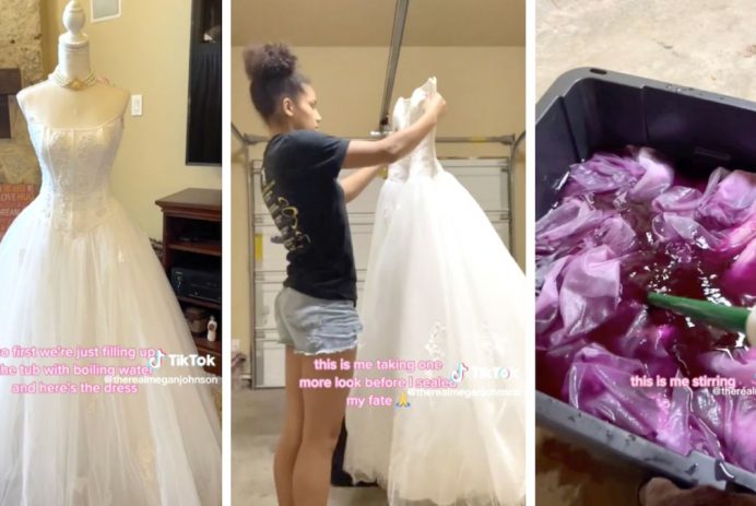 Featured image for Teen's thrifted wedding dress transformation stuns in pink prom dress.