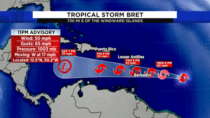 Featured image for Tropical Storm Bret poses threat to Lesser Antilles and Jamaica.