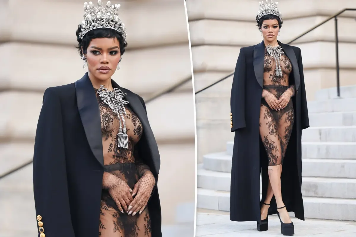 Teyana Taylor Stuns Paris in See-Through Lace and Pearl Crown at Schiaparelli