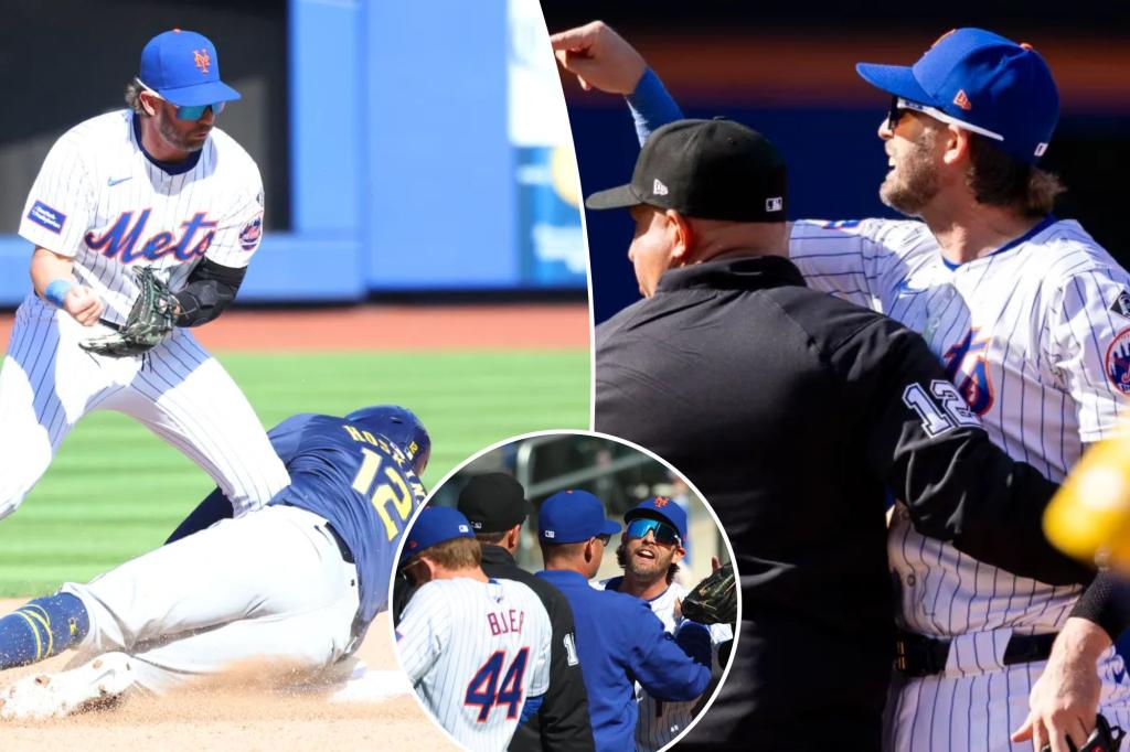 Featured image for "Benches Clear as Rhys Hoskins' Slide Sparks Tensions in Mets-Brewers Opener"