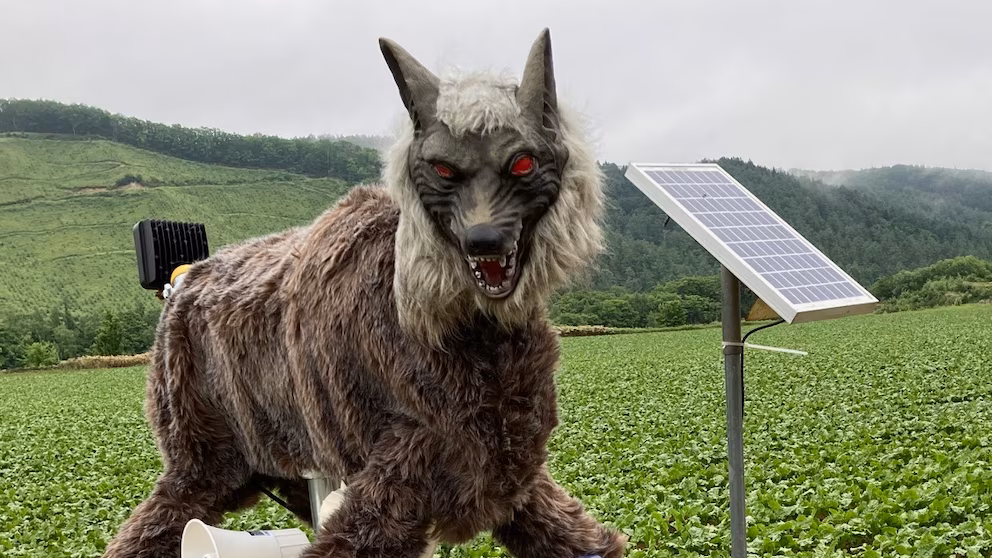 "Japanese Landscapes Under the Watchful Gaze of Glowing-Eyed Electronic Wolves"
