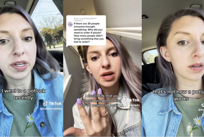 TikTok reacts to woman shaming man for bringing one pizza to potluck.
