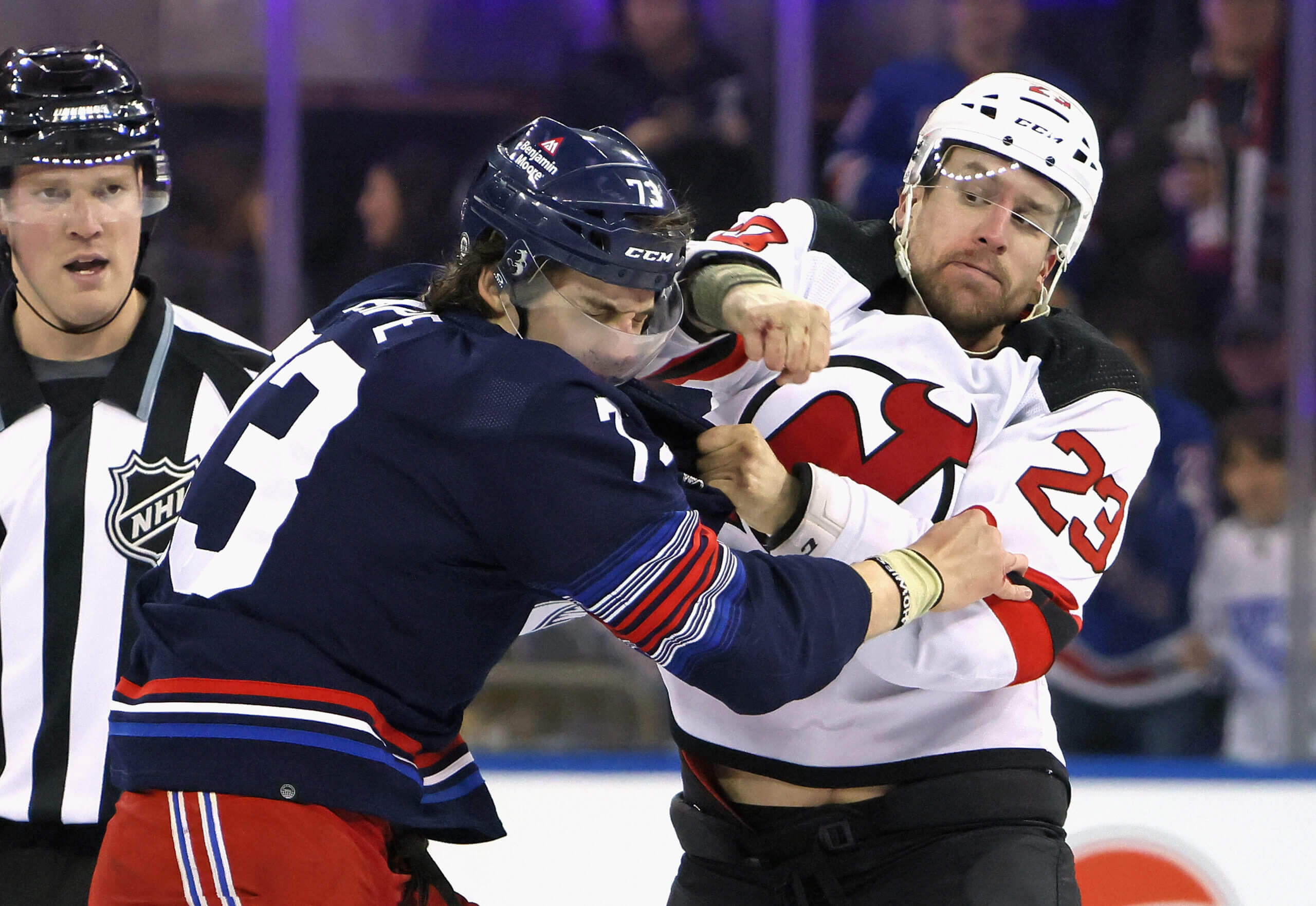 Featured image for "Rangers-Devils Game Sparks Massive Line Brawl, 8 Players Ejected"
