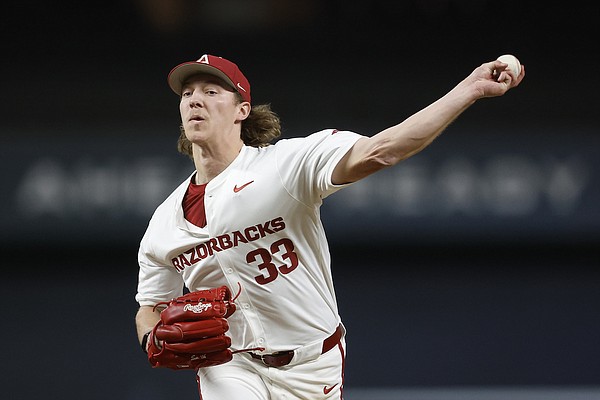 Featured image for "Arkansas Pitcher Hagen Smith's Record-Tying 17 Strikeouts Propel No. 4 Baseball to Victory Over No. 7 Oregon State"