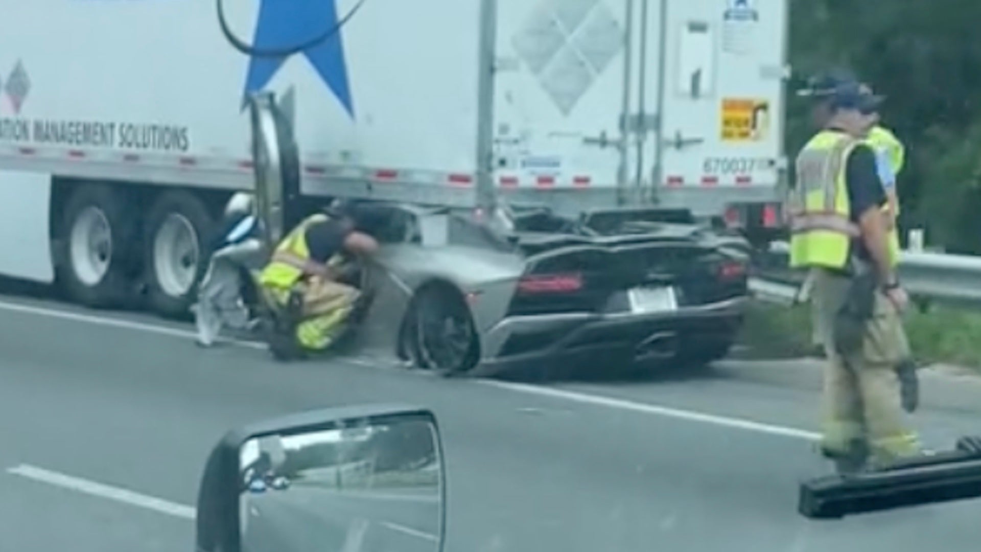 Rented Lamborghini Aventador Crushed by Semi-Truck in Rear-End Collision