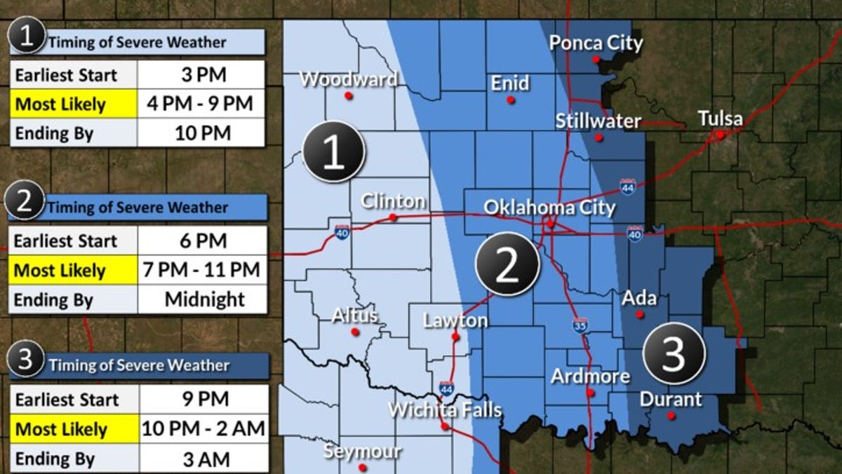 Severe storms threaten Oklahoma with tornadoes and hail.