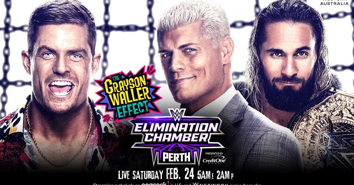 Featured image for "Grayson Waller Hosts Cody Rhodes and Seth Rollins on The Grayson Waller Effect at WWE Elimination Chamber 2024"